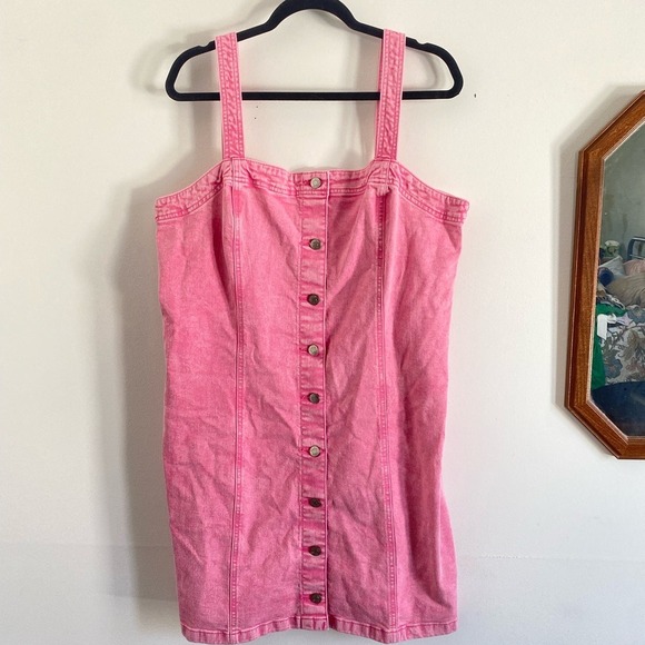 GAP Dresses & Skirts - Gap Pink Denim Button Front Pinafore Mini Dress XL New With Tags